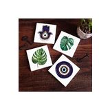 Pinecone Stone Fatma Ana Eli (Hamsa), Nazar, Yaprak Taş Bardak Altlığı Seti - 4 Parça - Dekoratif, Rustik Mutfak Aksesuarı, 10x10 cm, Kaydırmaz Tabanlı, Şık ve Dayanıklı SC420