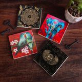 Pinecone Stone Fil, Kuş, Horus'un Gözü, Sri Yantra Taş Bardak Altlığı – 4’lü Set, 10x10 cm Dekoratif Masaüstü Koruyucu Doğaltaş Altlık |SC160|