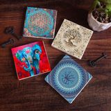 Pinecone Stone Fil, Nazar, Yaşam Çiçeği, Hayat Ağacı Taş Bardak Altlığı – 4’lü Set, 10x10 cm Dekoratif Masaüstü Koruyucu Doğaltaş Altlık |SC133|