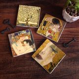 Pinecone Stone Gustav Klimt Altın Gözyaşları, Anne Çocuk, Öpücük, Hayat Ağacı Taş Bardak Altlığı – 4’lü Set, 10x10 cm Dekoratif Masaüstü Koruyucu Doğaltaş Altlık |SC139|