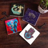 Pinecone Stone Hayat Ağacı, Fil, Fatma Ana Eli (Hamsa), Şahmeran Taş Bardak Altlığı – 4’lü Set, 10x10 cm Dekoratif Masaüstü Koruyucu Doğaltaş Altlık |SC252|
