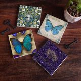 Pinecone Stone Hayat Ağacı, Kelebek Taş Bardak Altlığı – 4’lü Set, 10x10 cm Dekoratif Masaüstü Koruyucu Doğaltaş Altlık |SC496|