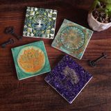 Pinecone Stone Hayat Ağacı, Lotus Çiçeği, Yaşam Çiçeği Taş Bardak Altlığı – 4’lü Set, 10x10 cm Dekoratif Masaüstü Koruyucu Doğaltaş Altlık |SC493|
