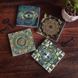 Pinecone Stone Hayat Ağacı, Mandala, Nazar, Sri Yantra Taş Bardak Altlığı – 4’lü Set, 10x10 cm Dekoratif Masaüstü Koruyucu Doğaltaş Altlık |SC177|