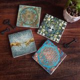Pinecone Stone Hayat Ağacı, Michelangelo Adem'in Yaratılışı, Yaşam Çiçeği Taş Bardak Altlığı – 4’lü Set, 10x10 cm Dekoratif Masaüstü Koruyucu Doğaltaş Altlık |SC200|
