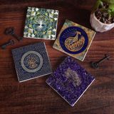 Pinecone Stone Hayat Ağacı, Nazar, Tavus Kuşu Taş Bardak Altlığı – 4’lü Set, 10x10 cm Dekoratif Masaüstü Koruyucu Doğaltaş Altlık |SC494|