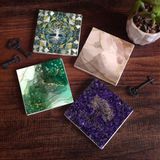 Pinecone Stone Hayat Ağacı, Soyut Sanat Taş Bardak Altlığı – 4’lü Set, 10x10 cm Dekoratif Masaüstü Koruyucu Doğaltaş Altlık |SC491|