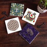 Pinecone Stone Hayat Ağacı, Yaşam Çiçeği, Şahmeran Taş Bardak Altlığı – 4’lü Set, 10x10 cm Dekoratif Masaüstü Koruyucu Doğaltaş Altlık |SC490|