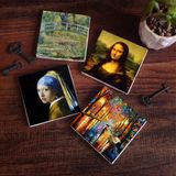 Pinecone Stone İnci Küpeli Kız, Fenerler, Monet Nilüfer Gölü, Da Vinci Mona Lisa Taş Bardak Altlığı – 4’lü Set, 10x10 cm Dekoratif Masaüstü Koruyucu Doğaltaş Altlık |SC196|