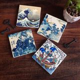 Pinecone Stone Japon Sanatı, Fuji Dağı, Büyük Dalga, Çini Sanatı Yelkenli Gemi Taş Bardak Altlığı – 4’lü Set, 10x10 cm Dekoratif Masaüstü Koruyucu Doğaltaş Altlık |SC445|
