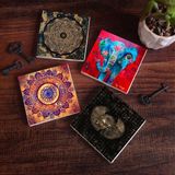 Pinecone Stone Mandala, Fil, Horus'un Gözü, Sri Yantra Taş Bardak Altlığı – 4’lü Set, 10x10 cm Dekoratif Masaüstü Koruyucu Doğaltaş Altlık |SC161|