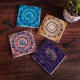 Pinecone Stone Mandala, Hayat Ağacı Taş Bardak Altlığı – 4’lü Set, 10x10 cm Dekoratif Masaüstü Koruyucu Doğaltaş Altlık |SC132|