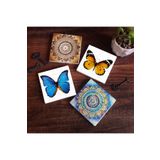Pinecone Stone Mandala, Kelebek Taş Bardak Altlığı Seti - 4 Parça - Dekoratif, Rustik Mutfak Aksesuarı, 10x10 cm, Kaydırmaz Tabanlı, Şık ve Dayanıklı SC313