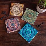 Pinecone Stone Mandala Taş Bardak Altlığı – 4’lü Set, 10x10 cm Dekoratif Masaüstü Koruyucu Doğaltaş Altlık |SC143|