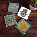 Pinecone Stone Mandala, Yaşam Çiçeği, Lotus Çiçeği, Fatma Ana Eli (Hamsa) Taş Bardak Altlığı – 4’lü Set, 10x10 cm Dekoratif Masaüstü Koruyucu Doğaltaş Altlık |SC212|