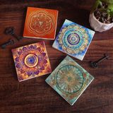 Pinecone Stone Mandala, Yaşam Çiçeği, Sri Yantra Taş Bardak Altlığı – 4’lü Set, 10x10 cm Dekoratif Masaüstü Koruyucu Doğaltaş Altlık |SC163|