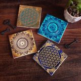 Pinecone Stone Mandala, Yaşam Çiçeği Taş Bardak Altlığı – 4’lü Set, 10x10 cm Dekoratif Masaüstü Koruyucu Doğaltaş Altlık |SC289|