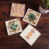 Pinecone Stone Minimalist Soyut, Fas Desenli Vintage Taş Bardak Altlığı – 4’lü Set, 10x10 cm Dekoratif Masaüstü Koruyucu Doğaltaş Altlık |SC339|
