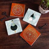 Pinecone Stone Minimalist Soyut, Sri Yantra, Mandala Taş Bardak Altlığı – 4’lü Set, 10x10 cm Dekoratif Masaüstü Koruyucu Doğaltaş Altlık |SC300|