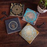 Pinecone Stone Nazar Ağaç, Yaşam Çiçeği, Sri Yantra Taş Bardak Altlığı – 4’lü Set, 10x10 cm Dekoratif Masaüstü Koruyucu Doğaltaş Altlık |SC158|