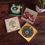 Pinecone Stone Nazar Boncuğu, Şahmeran, Hayat Ağacı, Nar Taş Bardak Altlığı – 4’lü Set, 10x10 cm Dekoratif Masaüstü Koruyucu Doğaltaş Altlık |SC195|