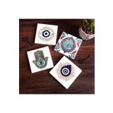 Pinecone Stone Nazar, Çini Sanatı, Fatma Ana Eli (Hamsa) Taş Bardak Altlığı Seti - 4 Parça - Dekoratif, Rustik Mutfak Aksesuarı, 10x10 cm, Kaydırmaz Tabanlı, Şık ve Dayanıklı SC410