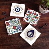 Pinecone Stone Nazar, Çini Sanatı Lale Taş Bardak Altlığı – 4’lü Set, 10x10 cm Dekoratif Masaüstü Koruyucu Doğaltaş Altlık |SC415|