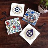 Pinecone Stone Nazar, Çini Sanatı Lale, Yelkenli Gemi Taş Bardak Altlığı – 4’lü Set, 10x10 cm Dekoratif Masaüstü Koruyucu Doğaltaş Altlık |SC416|