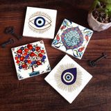 Pinecone Stone Nazar, Çini Sanatı, Nar Ağacı Taş Bardak Altlığı – 4’lü Set, 10x10 cm Dekoratif Masaüstü Koruyucu Doğaltaş Altlık |SC408|