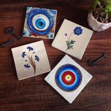 Pinecone Stone Nazar, Ebru Sanatı Taş Bardak Altlığı – 4’lü Set, 10x10 cm Dekoratif Masaüstü Koruyucu Doğaltaş Altlık |SC381|