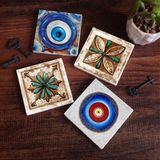 Pinecone Stone Nazar, Fas Desenli Vintage Taş Bardak Altlığı – 4’lü Set, 10x10 cm Dekoratif Masaüstü Koruyucu Doğaltaş Altlık |SC374|