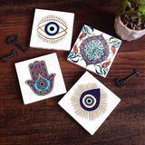 Pinecone Stone Nazar, Fatma Ana Eli (Hamsa), Çini Sanatı Taş Bardak Altlığı – 4’lü Set, 10x10 cm Dekoratif Masaüstü Koruyucu Doğaltaş Altlık |SC412|