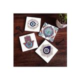 Pinecone Stone Nazar, Fatma Ana Eli (Hamsa), Çini Sanatı Taş Bardak Altlığı Seti - 4 Parça - Dekoratif, Rustik Mutfak Aksesuarı, 10x10 cm, Kaydırmaz Tabanlı, Şık ve Dayanıklı SC412