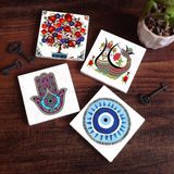 Pinecone Stone Nazar, Fatma Ana Eli (Hamsa), Şahmeran, Nar Ağacı Taş Bardak Altlığı – 4’lü Set, 10x10 cm Dekoratif Masaüstü Koruyucu Doğaltaş Altlık |SC219|