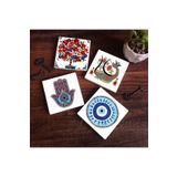 Pinecone Stone Nazar, Fatma Ana Eli (Hamsa), Şahmeran, Nar Ağacı Taş Bardak Altlığı Seti - 4 Parça - Dekoratif, Rustik Mutfak Aksesuarı, 10x10 cm, Kaydırmaz Tabanlı, Şık ve Dayanıklı SC219