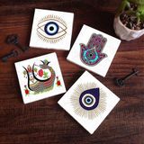 Pinecone Stone Nazar, Fatma Ana Eli (Hamsa), Şahmeran Taş Bardak Altlığı – 4’lü Set, 10x10 cm Dekoratif Masaüstü Koruyucu Doğaltaş Altlık |SC405|