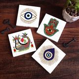 Pinecone Stone Nazar, Fatma Ana Eli (Hamsa), Şahmeran Taş Bardak Altlığı – 4’lü Set, 10x10 cm Dekoratif Masaüstü Koruyucu Doğaltaş Altlık |SC406|