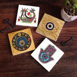 Pinecone Stone Nazar, Fatma Ana Eli (Hamsa), Şahmeran Taş Bardak Altlığı – 4’lü Set, 10x10 cm Dekoratif Masaüstü Koruyucu Doğaltaş Altlık |SC512|
