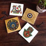 Pinecone Stone Nazar, Fatma Ana Eli (Hamsa), Şahmeran Taş Bardak Altlığı – 4’lü Set, 10x10 cm Dekoratif Masaüstü Koruyucu Doğaltaş Altlık |SC513|