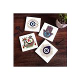 Pinecone Stone Nazar, Fatma Ana Eli (Hamsa), Şahmeran Taş Bardak Altlığı Seti - 4 Parça - Dekoratif, Rustik Mutfak Aksesuarı, 10x10 cm, Kaydırmaz Tabanlı, Şık ve Dayanıklı SC405
