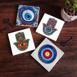 Pinecone Stone Nazar, Fatma Ana Eli (Hamsa) Taş Bardak Altlığı – 4’lü Set, 10x10 cm Dekoratif Masaüstü Koruyucu Doğaltaş Altlık |SC376|