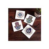 Pinecone Stone Nazar, Fatma Ana Eli (Hamsa) Taş Bardak Altlığı Seti - 4 Parça - Dekoratif, Rustik Mutfak Aksesuarı, 10x10 cm, Kaydırmaz Tabanlı, Şık ve Dayanıklı SC402