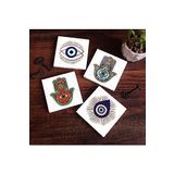 Pinecone Stone Nazar, Fatma Ana Eli (Hamsa) Taş Bardak Altlığı Seti - 4 Parça - Dekoratif, Rustik Mutfak Aksesuarı, 10x10 cm, Kaydırmaz Tabanlı, Şık ve Dayanıklı SC403