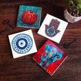 Pinecone Stone Nazar, Fil, Fatma Ana Eli (Hamsa), Nar Taş Bardak Altlığı – 4’lü Set, 10x10 cm Dekoratif Masaüstü Koruyucu Doğaltaş Altlık |SC206|
