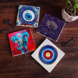 Pinecone Stone Nazar, Hayat Ağacı, Fil Taş Bardak Altlığı – 4’lü Set, 10x10 cm Dekoratif Masaüstü Koruyucu Doğaltaş Altlık |SC398|
