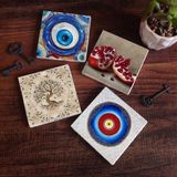 Pinecone Stone Nazar, Hayat Ağacı, Nar Taş Bardak Altlığı – 4’lü Set, 10x10 cm Dekoratif Masaüstü Koruyucu Doğaltaş Altlık |SC372|