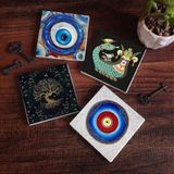 Pinecone Stone Nazar, Hayat Ağacı, Şahmeran Taş Bardak Altlığı – 4’lü Set, 10x10 cm Dekoratif Masaüstü Koruyucu Doğaltaş Altlık |SC379|