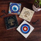 Pinecone Stone Nazar, Hayat Ağacı Taş Bardak Altlığı – 4’lü Set, 10x10 cm Dekoratif Masaüstü Koruyucu Doğaltaş Altlık |SC377|