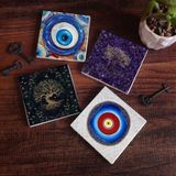 Pinecone Stone Nazar, Hayat Ağacı Taş Bardak Altlığı – 4’lü Set, 10x10 cm Dekoratif Masaüstü Koruyucu Doğaltaş Altlık |SC378|