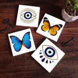 Pinecone Stone Nazar, Kelebek Taş Bardak Altlığı – 4’lü Set, 10x10 cm Dekoratif Masaüstü Koruyucu Doğaltaş Altlık |SC308|